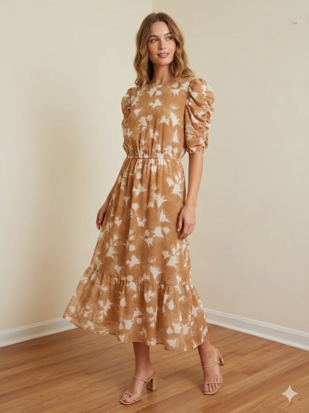Destination 365 Printed Chiffon Puff Sleeve Midi Dress NWOT Large